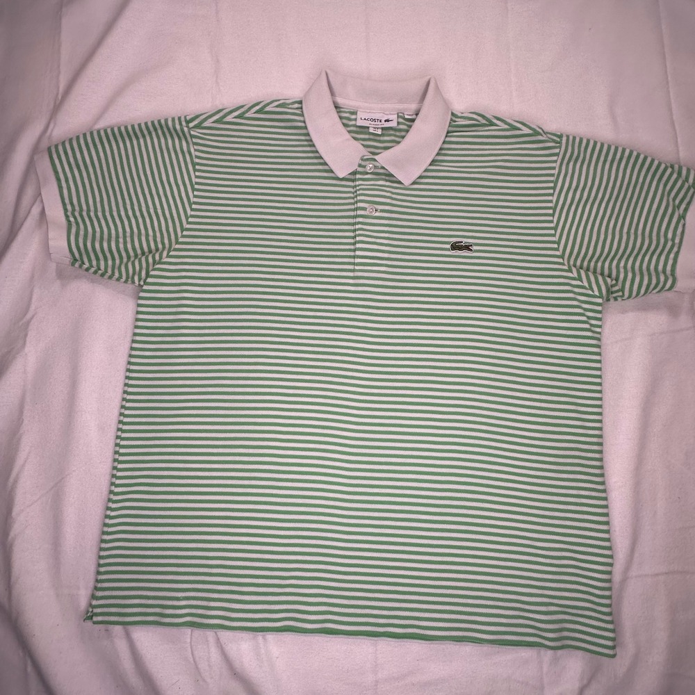 Lacoste Mens Classic Fit Striped Polo Shirt Green White Cotton Size L FR 5